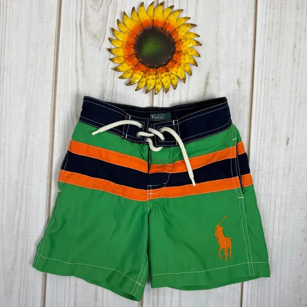 Polo Ralph Lauren Kids Swim Trunks Shorts Green Orange Navy Stripes Pony Logo 4T